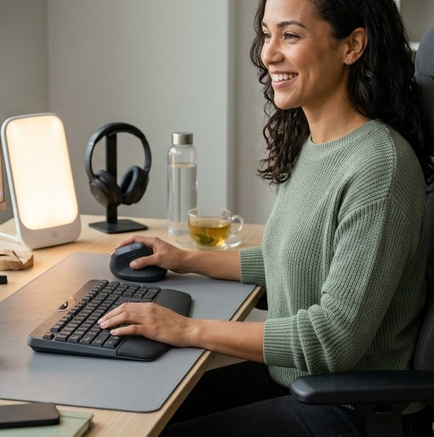 Stresslesscode hero mobile - woman using PostrurePro at desk